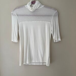 Marcella NYC White Sheer Panel Turtleneck Top Elbow Sleeve Tencel Jersey Small